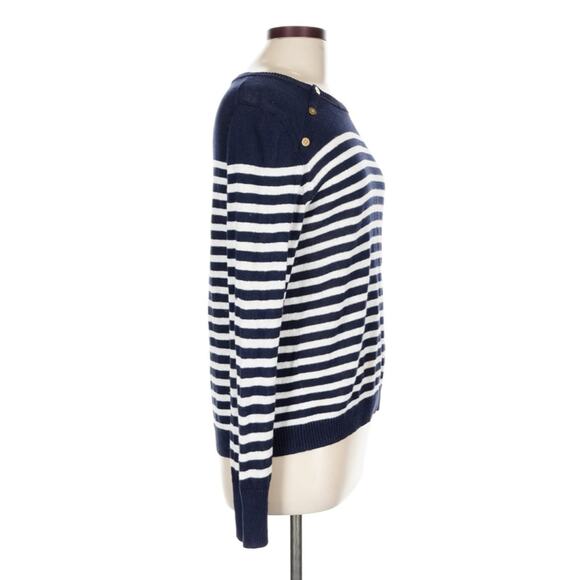 J.Crew Nautical Stripe Pullover Sweater Large Linen Cotton Classic Knit Buttons - Picture 4 of 12